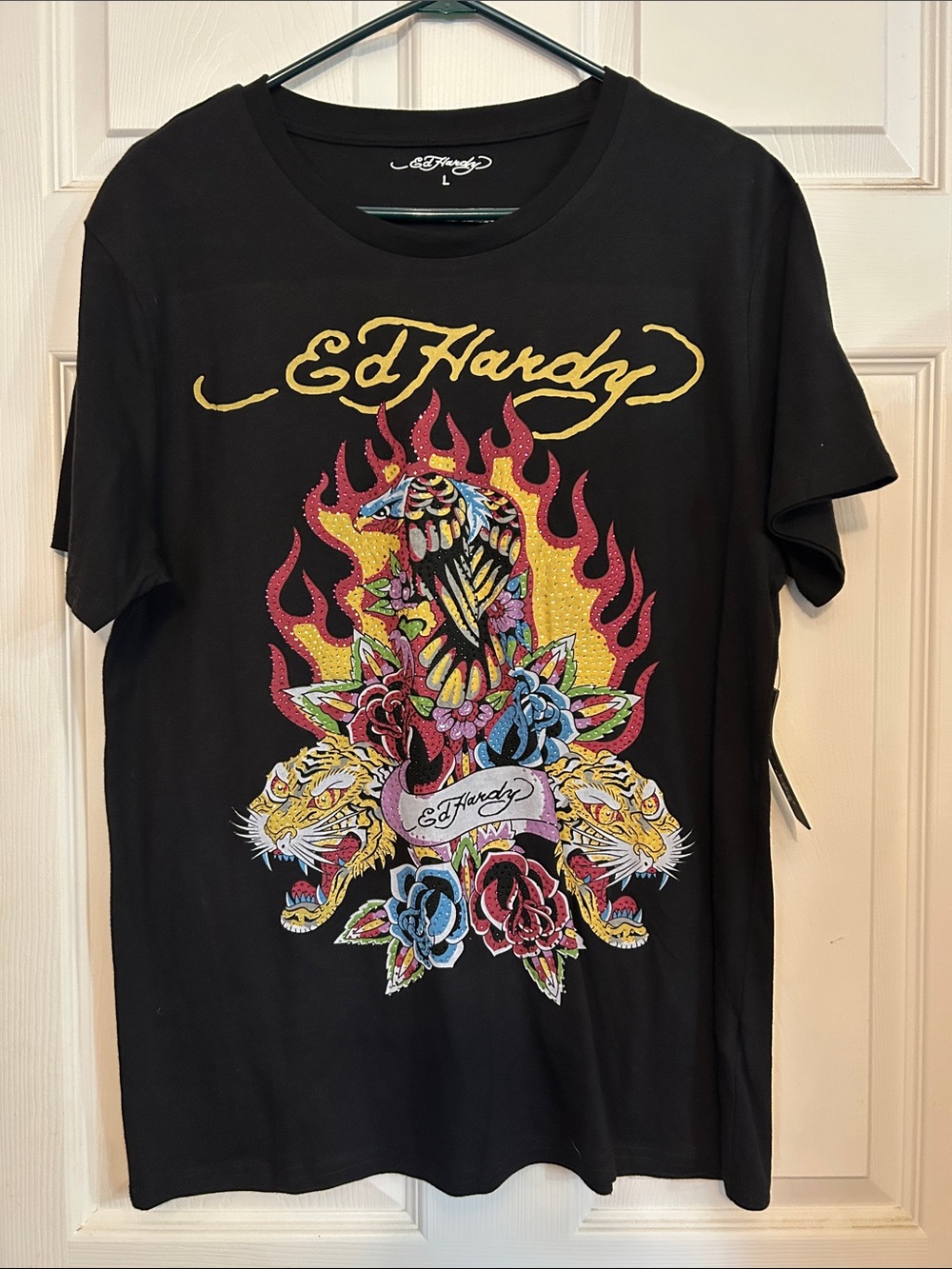 Ed Hardy Rhinestone Black Short-Sleeve Tee with Multicolor Tattoo Graphic